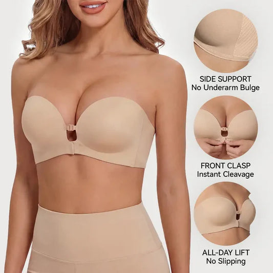 Strapless Front Closure Bra Wireless Push Up Padded Non Slip Tube Jelly Bra